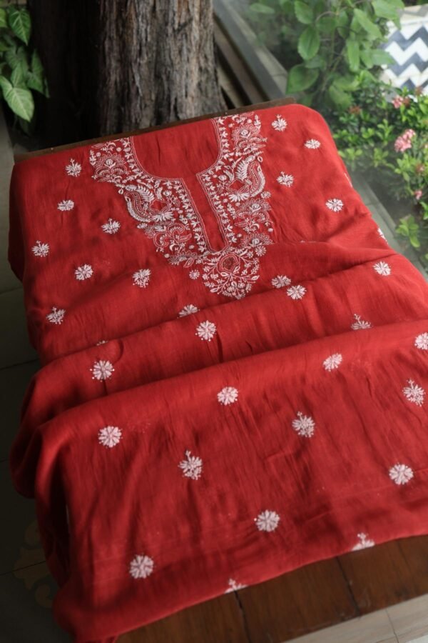 Red Mal Cotton Chikankari Unstitched Kurta Dupatta Fabrics With Kamdani - Image 6