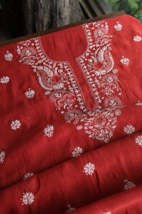Red Mal Cotton Chikankari Unstitched Kurta Dupatta Fabrics With Kamdani - Image 8