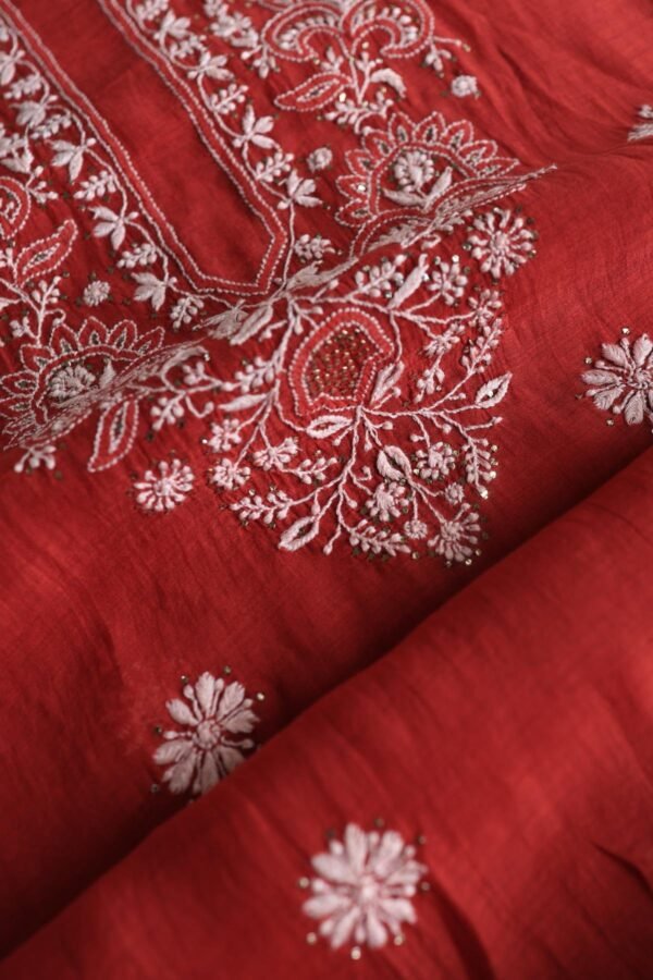 Red Mal Cotton Chikankari Unstitched Kurta Dupatta Fabrics With Kamdani - Image 9