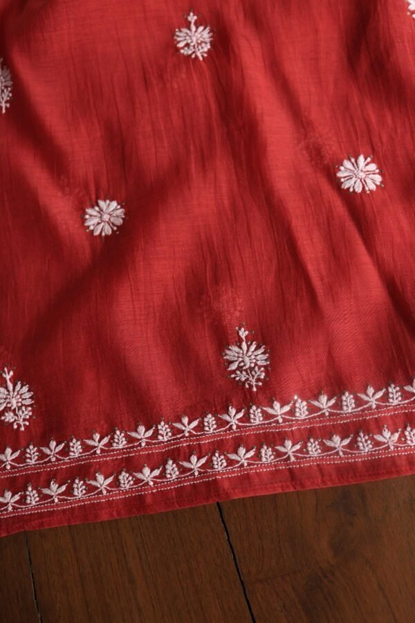 Red Mal Cotton Chikankari Unstitched Kurta Dupatta Fabrics With Kamdani - Image 10