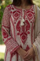 Red & White Mulmul Pearl Work Chikankari Anarkali With Dupatta
