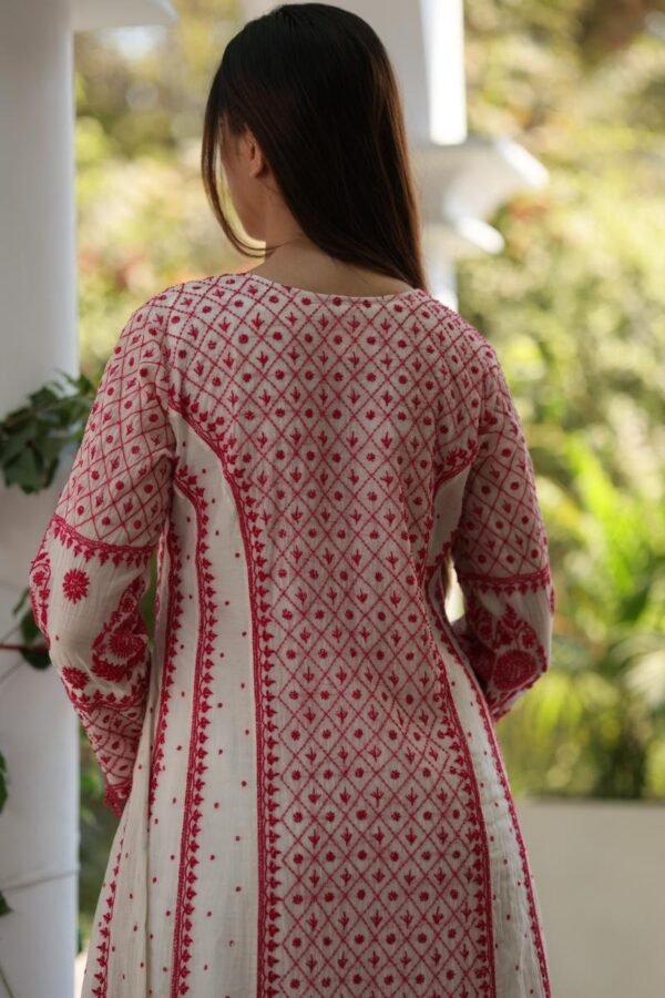 Red & White Mulmul Pearl Work Chikankari Anarkali With Dupatta - Image 5