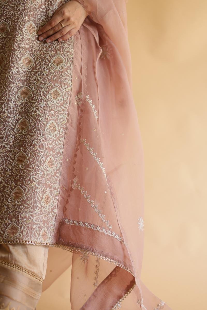Rose Gold Noor Organza Silk Chikankari Straight Cut Kurta Dupatta Set
