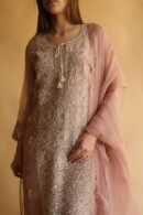 Rose Gold Noor Organza Silk Chikankari Straight Cut Kurta Dupatta Set