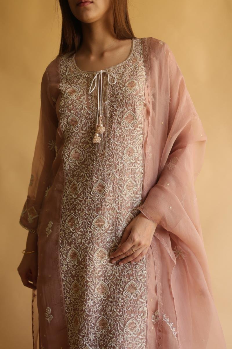 Rose Gold Noor Organza Silk Chikankari Straight Cut Kurta Dupatta Set