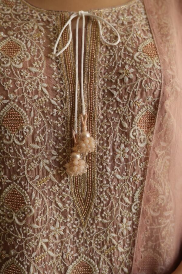 Rose Gold Noor Organza Silk Chikankari Straight Cut Kurta Dupatta Set - Image 10