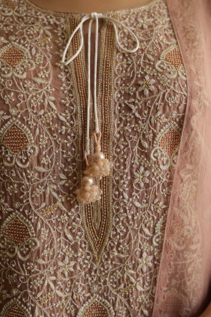 Rose Gold Noor Organza Silk Chikankari Straight Cut Kurta Dupatta Set