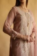 Rose Gold Noor Organza Silk Chikankari Straight Cut Kurta Dupatta Set