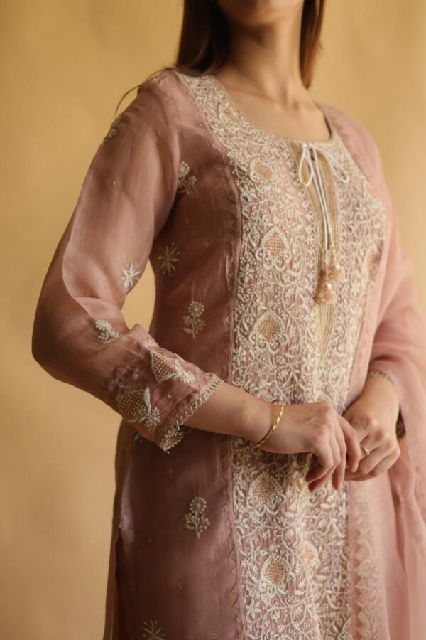 Rose Gold Noor Organza Silk Chikankari Straight Cut Kurta Dupatta Set - Image 2