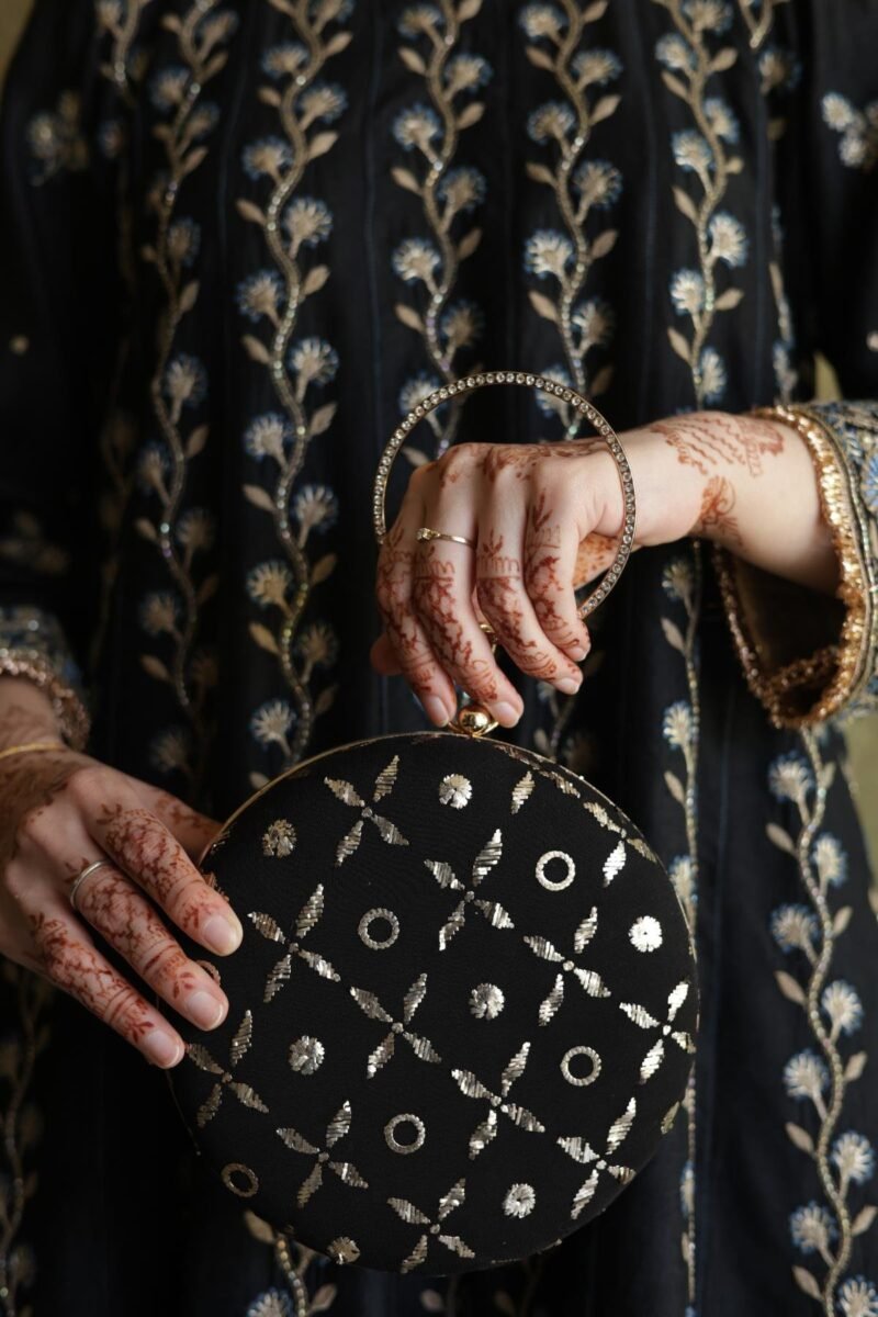 Round Shape Black Pure Georgette Mukaish Badla Sling Clutch