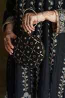 Round Shape Black Pure Georgette Mukaish Badla Sling Clutch
