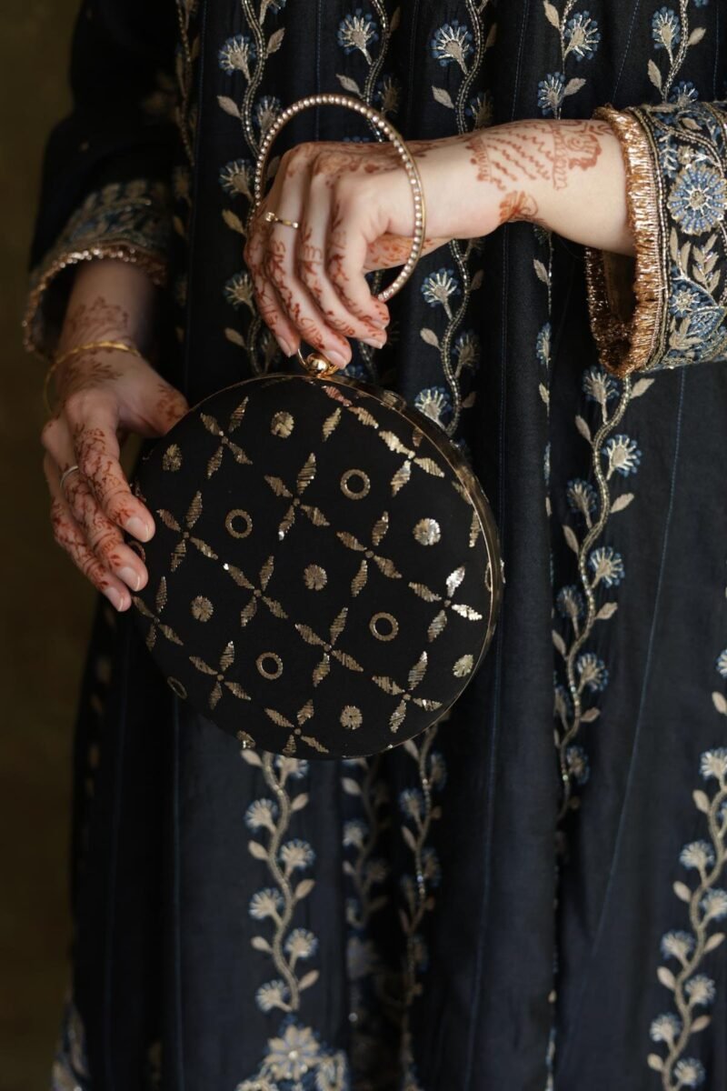 Round Shape Black Pure Georgette Mukaish Badla Sling Clutch