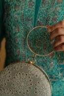 Round Shape Blue Pure Georgette Mukaish Kamdani Sling Clutch