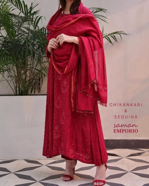 Ruby Red Malmal Pearl Work Chikankari Anarkali With Dupatta - Image 2