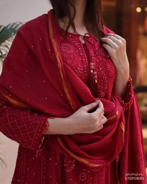 Ruby Red Malmal Pearl Work Chikankari Anarkali With Dupatta