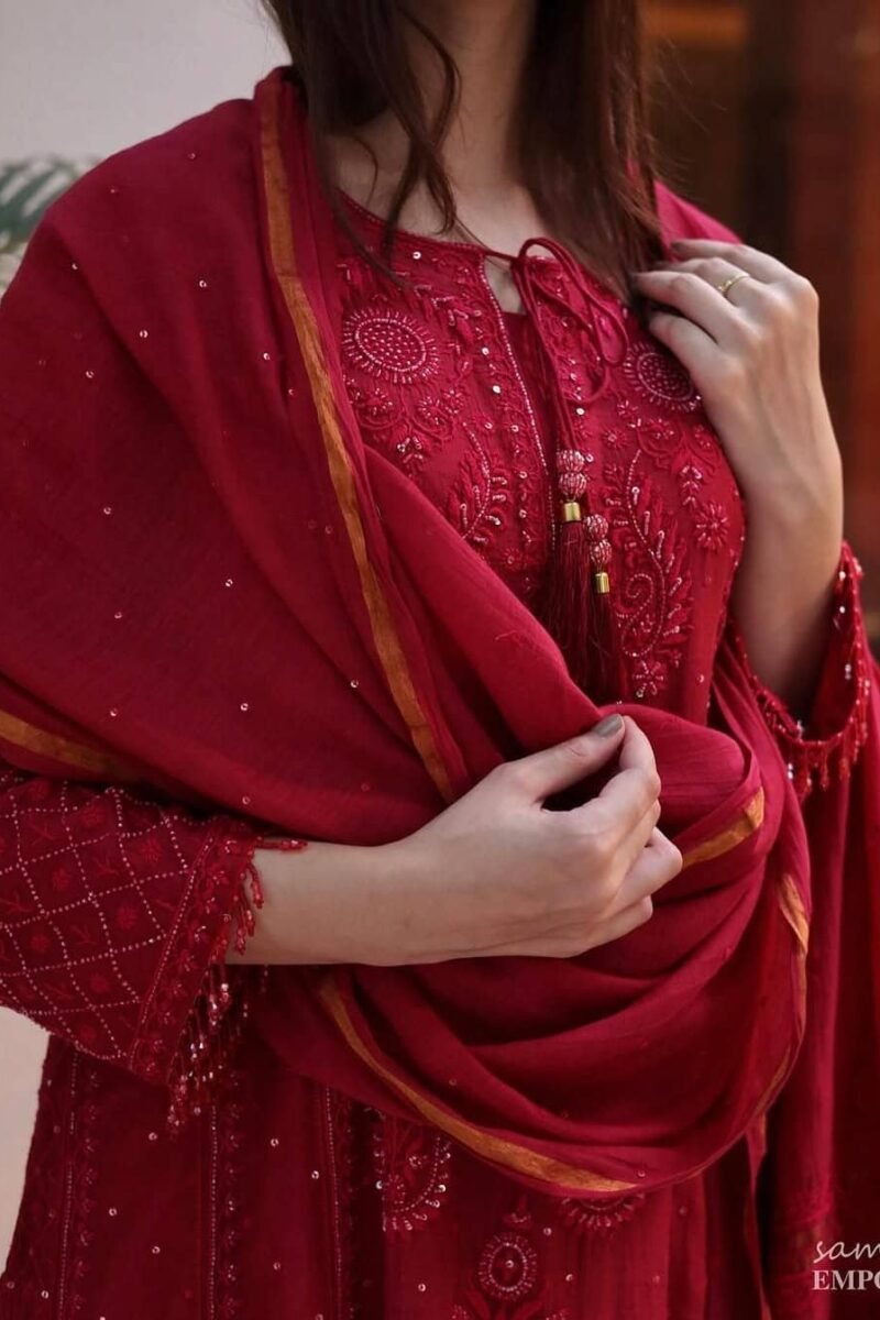 Ruby Red Malmal Pearl Work Chikankari Anarkali With Dupatta