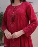 Ruby Red Malmal Pearl Work Chikankari Anarkali With Dupatta