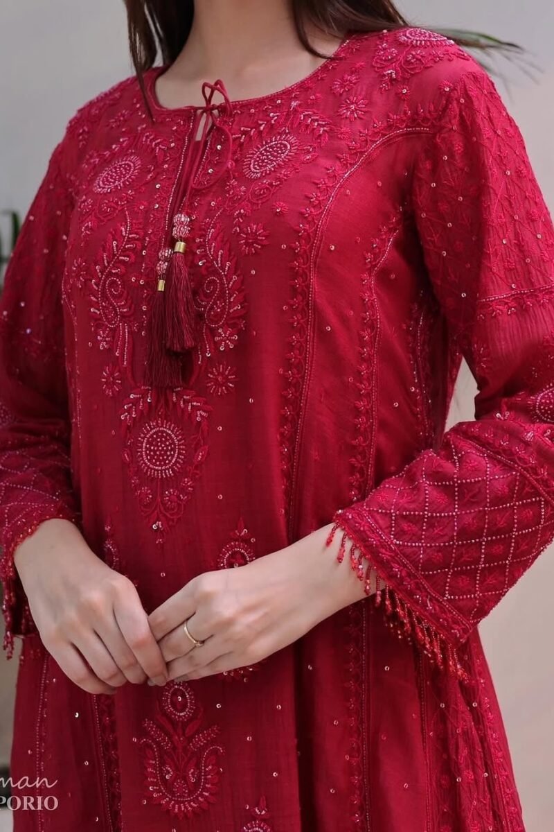 Ruby Red Malmal Pearl Work Chikankari Anarkali With Dupatta