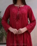 Ruby Red Malmal Pearl Work Chikankari Anarkali With Dupatta