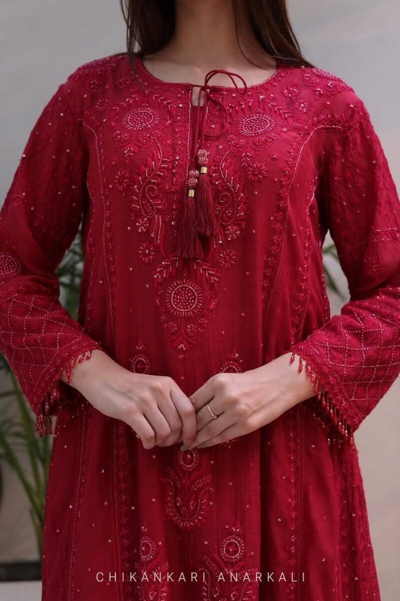 Ruby Red Malmal Pearl Work Chikankari Anarkali With Dupatta