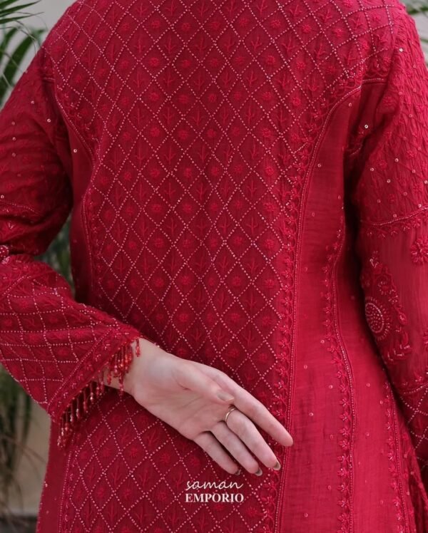 Ruby Red Malmal Pearl Work Chikankari Anarkali With Dupatta - Image 6