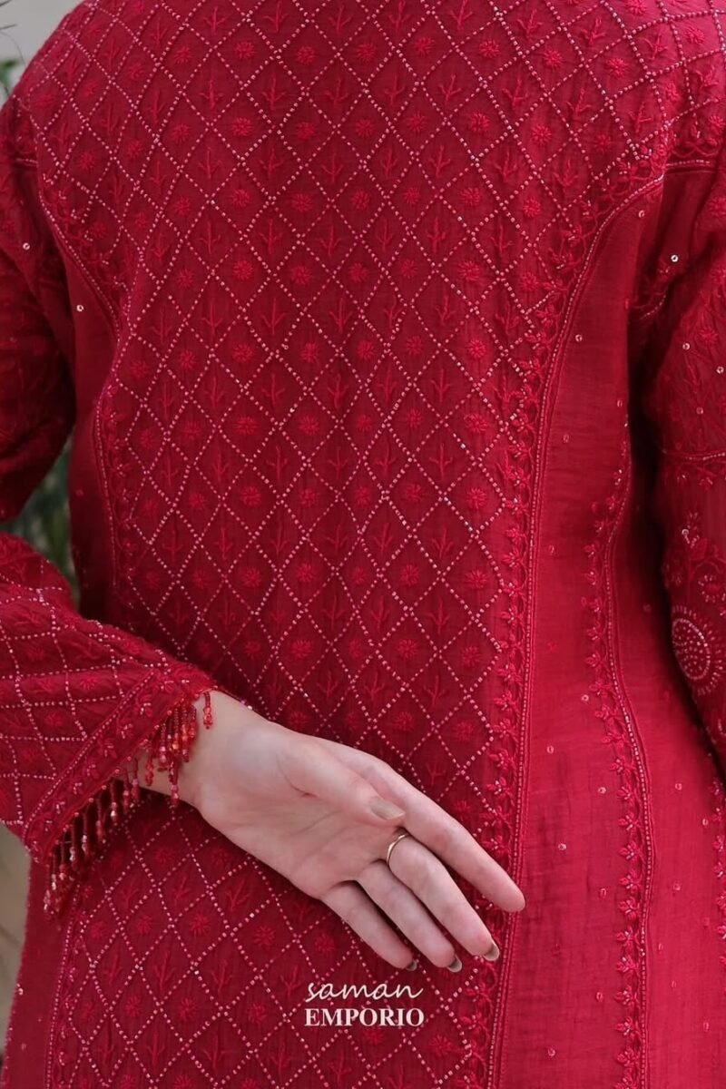 Ruby Red Malmal Pearl Work Chikankari Anarkali With Dupatta
