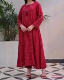 Ruby Red Malmal Pearl Work Chikankari Anarkali With Dupatta