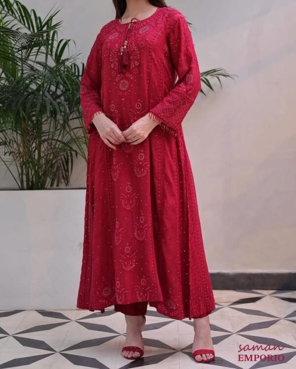 Ruby Red Malmal Pearl Work Chikankari Anarkali With Dupatta - Image 7