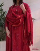 Ruby Red Malmal Pearl Work Chikankari Anarkali With Dupatta