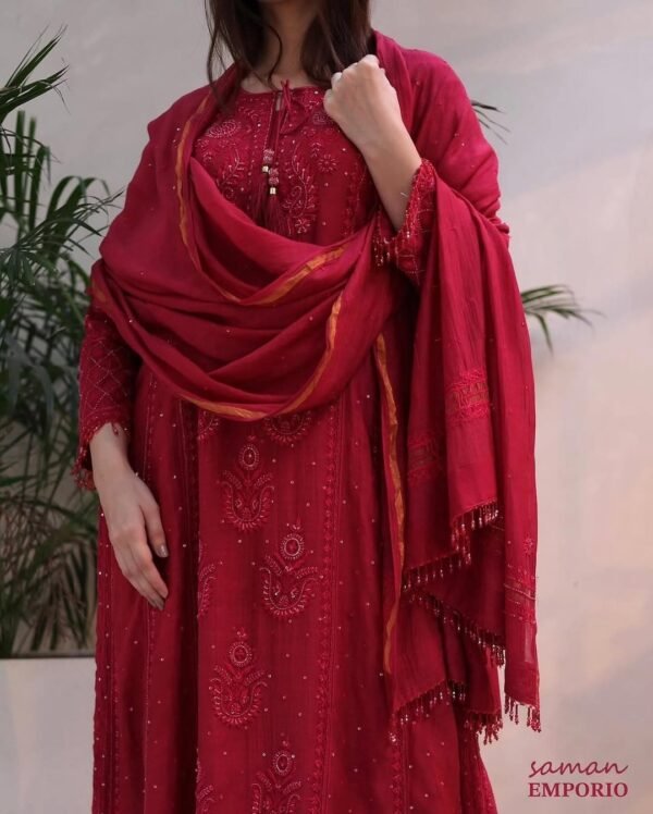 Ruby Red Malmal Pearl Work Chikankari Anarkali With Dupatta - Image 8