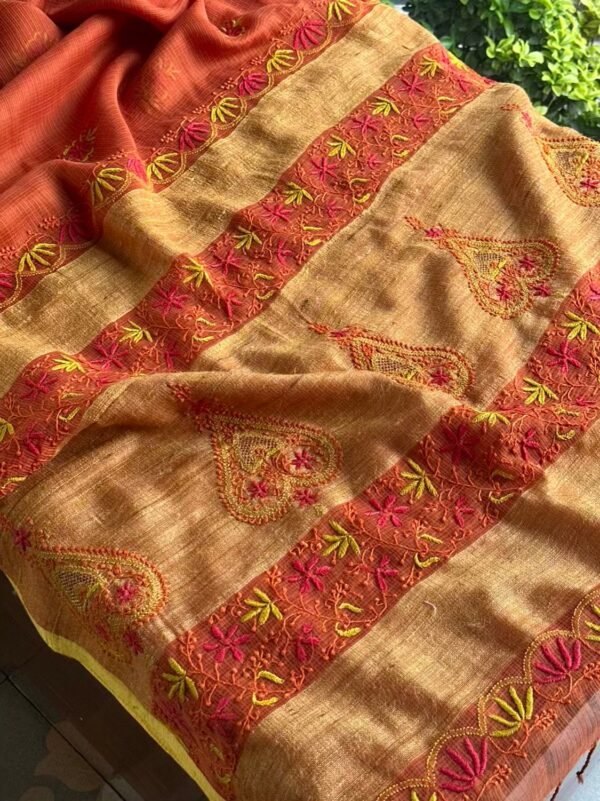 Rust Shade Silk Gheecha Palla Kota Chikankari Saree
