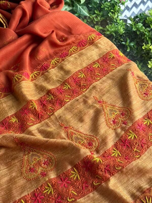 Rust Shade Silk Gheecha Palla Kota Chikankari Saree - Image 5