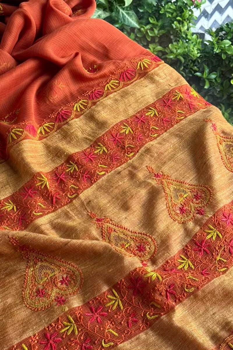 Rust Shade Silk Gheecha Palla Kota Chikankari Saree