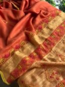 Rust Shade Silk Gheecha Palla Kota Chikankari Saree