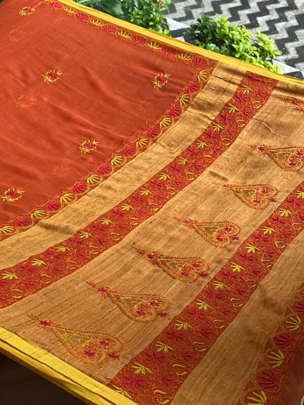 Rust Shade Silk Gheecha Palla Kota Chikankari Saree - Image 7