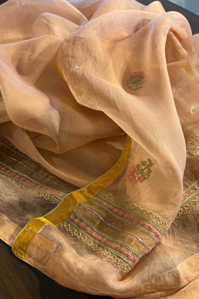 Saffron Peach Noor Banarasi Organza Chikankari Unstitched Fabrics