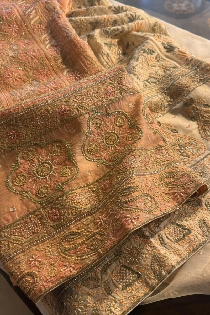 Saffron Peach Noor Banarasi Organza Chikankari Unstitched Fabrics