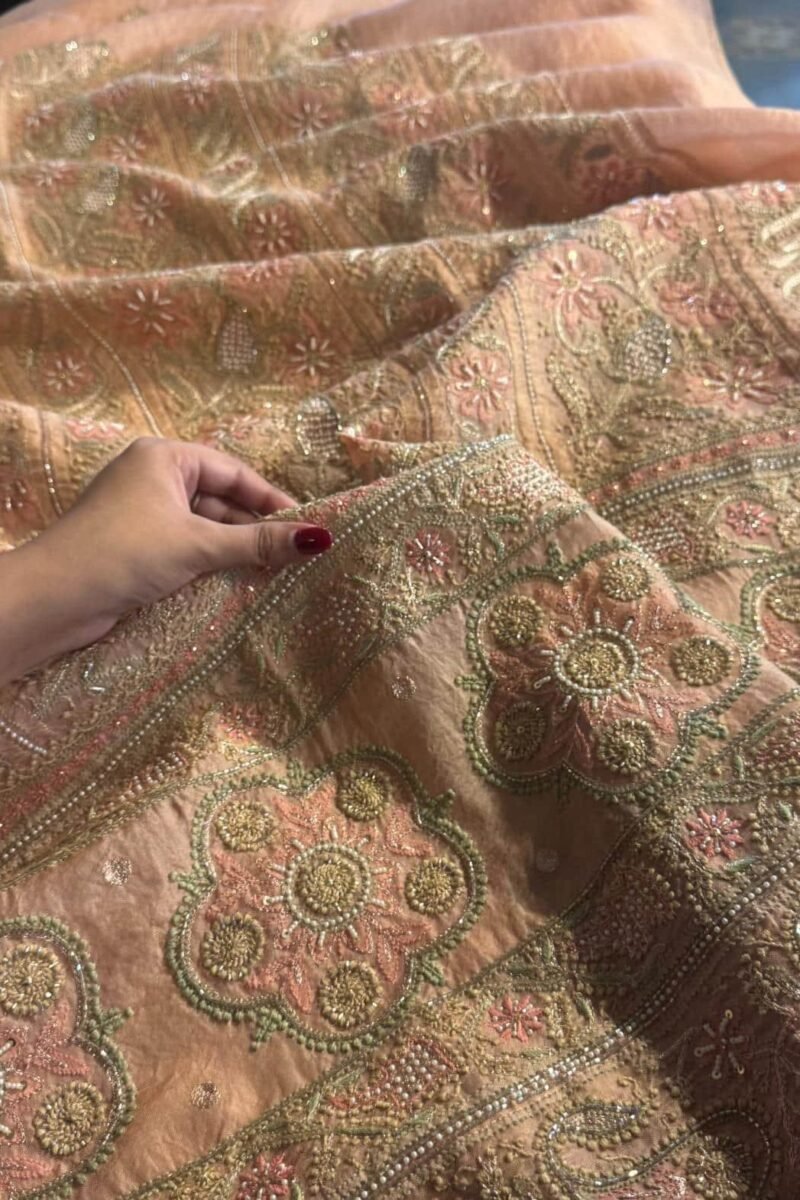 Saffron Peach Noor Banarasi Organza Chikankari Unstitched Fabrics