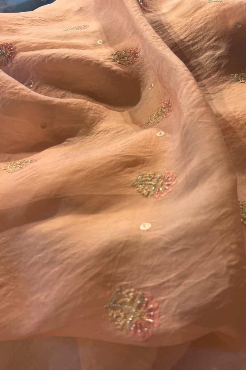 Saffron Peach Noor Banarasi Organza Chikankari Unstitched Fabrics