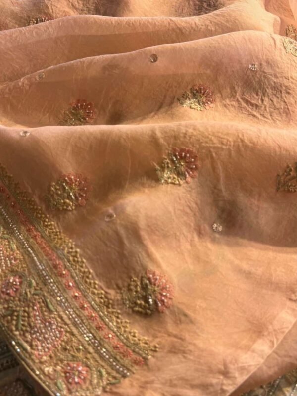 Saffron Peach Noor Banarasi Organza Chikankari Unstitched Fabrics - Image 8