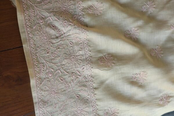 Sage Brown Mul Cotton Fine Chikankari With Kamdani Work Unstitched Fabric - Image 13