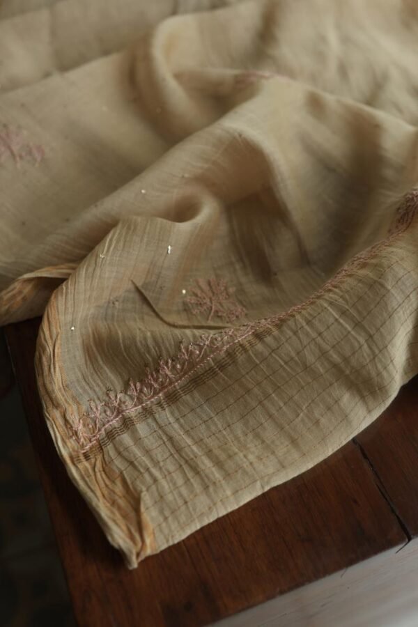 Sage Brown Mul Cotton Fine Chikankari With Kamdani Work Unstitched Fabric - Image 9