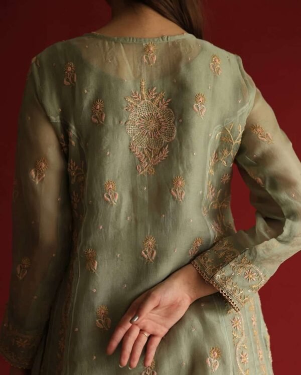 Sage Green Noor Organza Chikankari Anarkali Set - Image 3