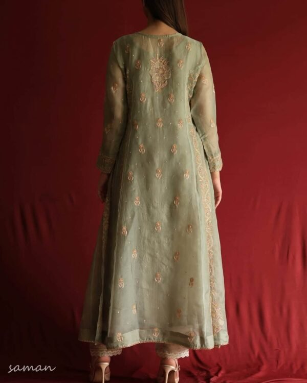 Sage Green Noor Organza Chikankari Anarkali Set - Image 4