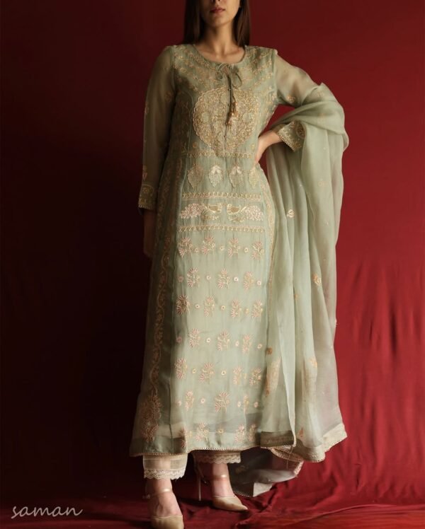 Sage Green Noor Organza Chikankari Anarkali Set - Image 7