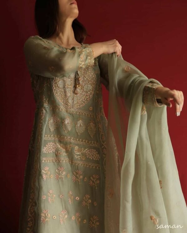 Sage Green Noor Organza Chikankari Anarkali Set - Image 8