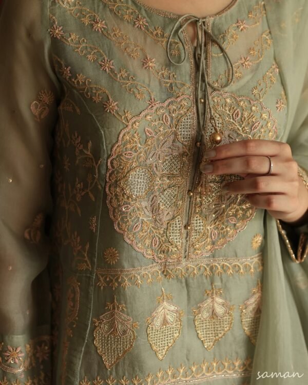Sage Green Noor Organza Chikankari Anarkali Set - Image 9
