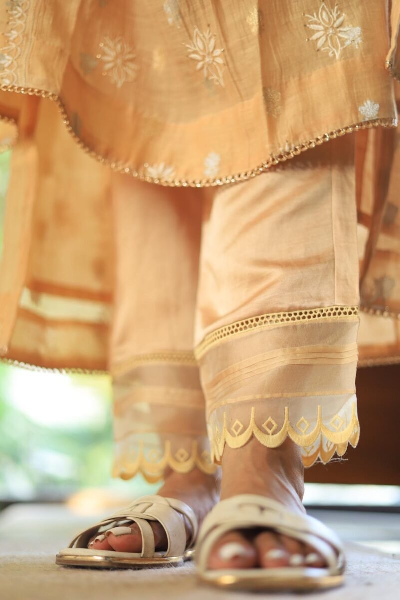 Satin Linen Beige Straight Pant With Organza Lace & One Side Pocket