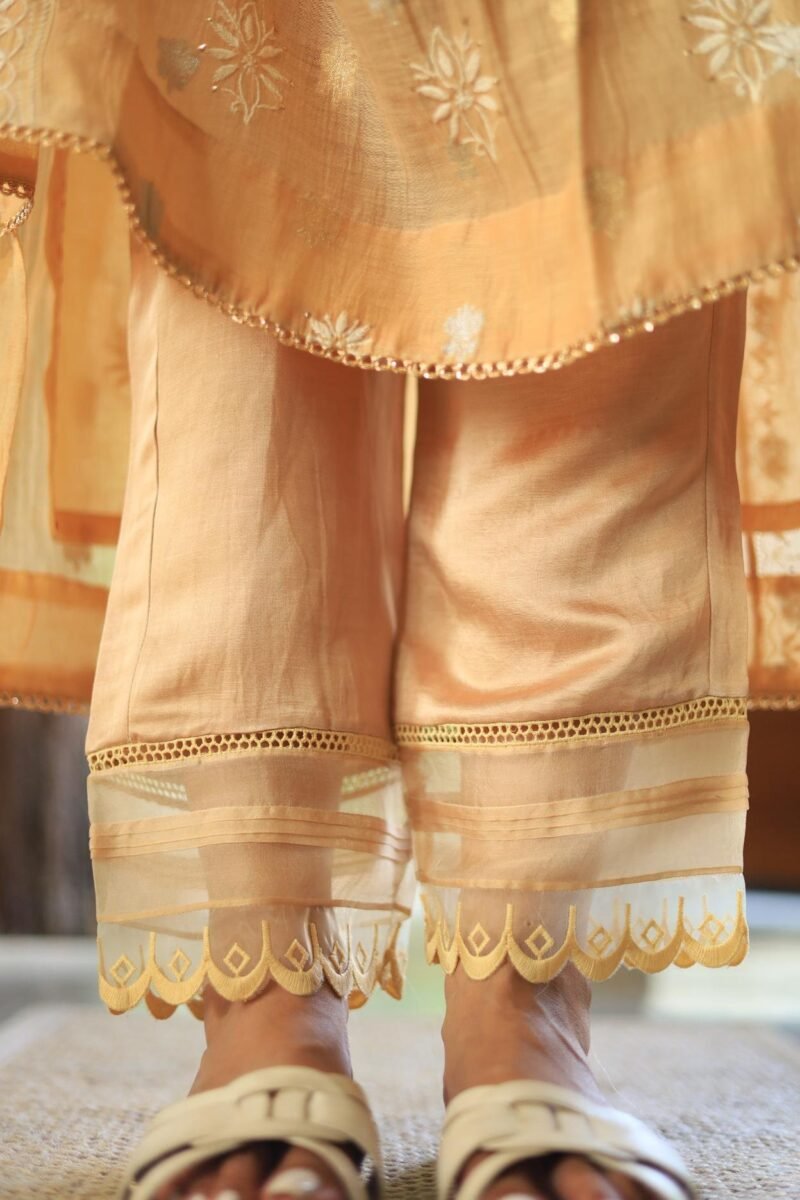 Satin Linen Beige Straight Pant With Organza Lace & One Side Pocket