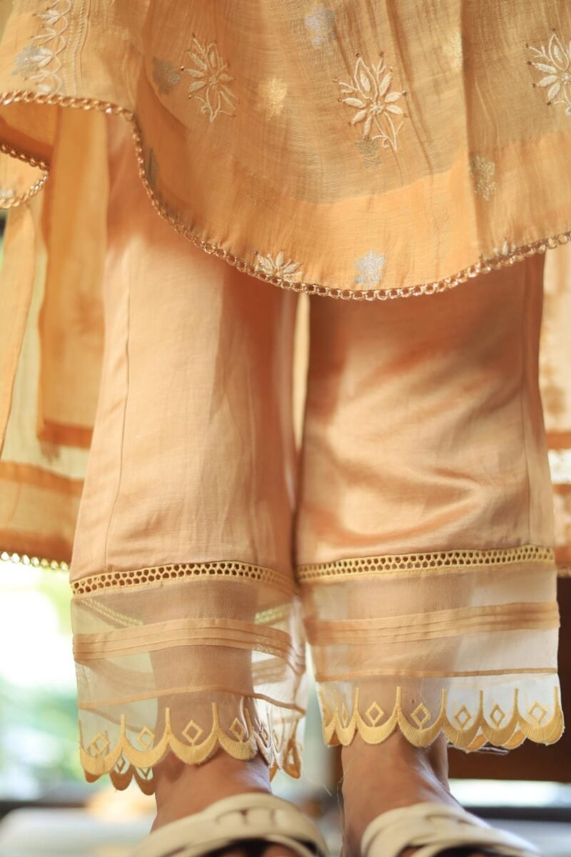 Satin Linen Beige Straight Pant With Organza Lace & One Side Pocket